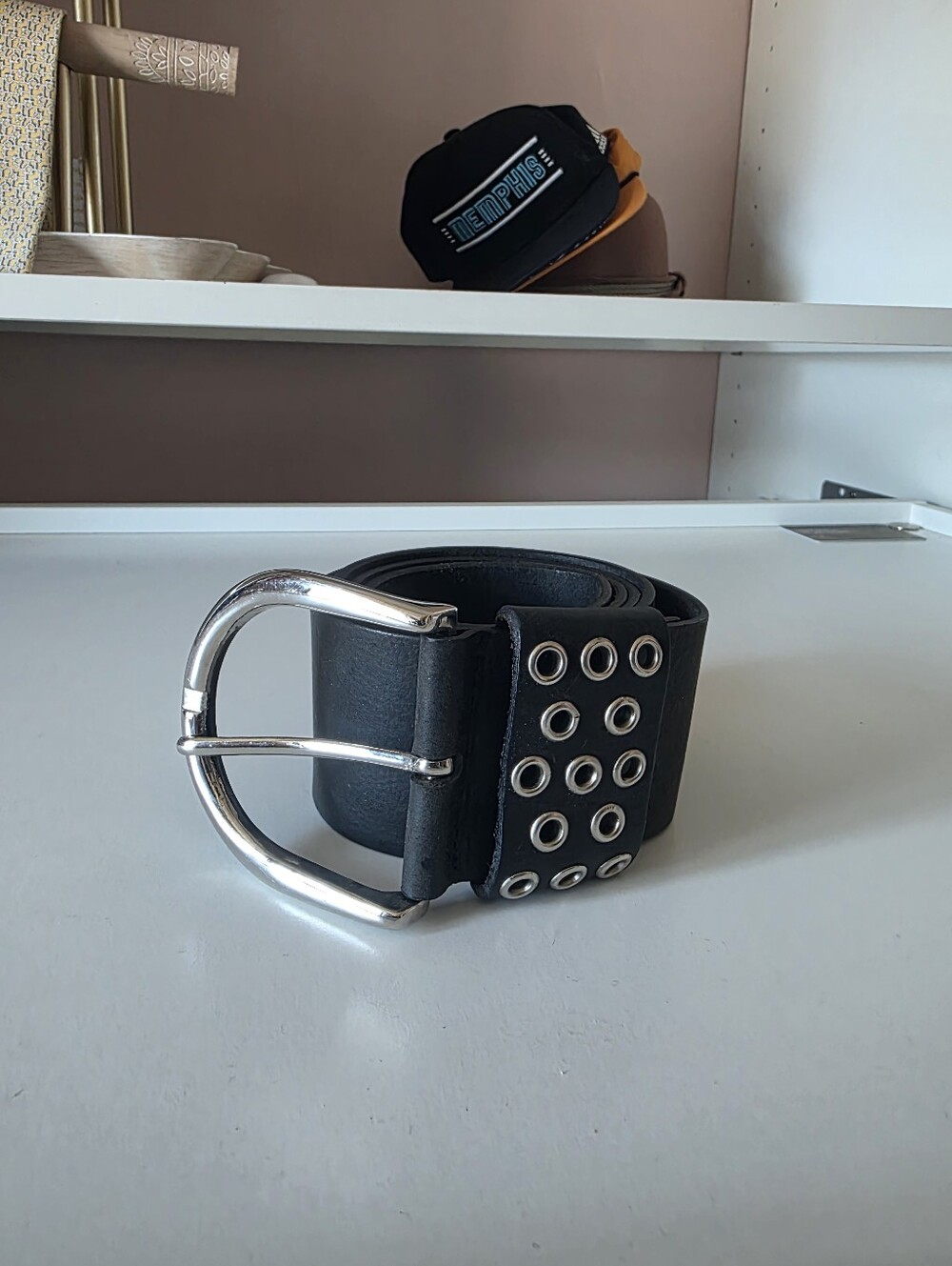 Michael Kors Black Leather Belt with Silver Curved Buckle